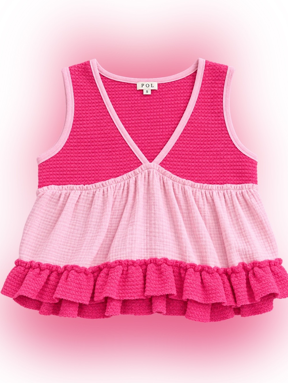 POL Pink Two-Tone Ruffle Crop Tank